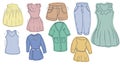 clothing set hand drawn sketch coloring, jeans, trousers. dress, shorts, T-shirt, skirt outfit elements separately on a Royalty Free Stock Photo