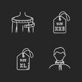 Clothing size tags and body measuring chalk white icons set on black background. XS and XXL size labels, neck and