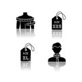 Clothing size tags and body measuring drop shadow black glyph icons set. XS and XXL size labels, neck and shoulders