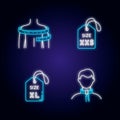 Clothing size tags and body measuring neon light icons set