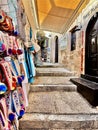 Clothing and souvenir shops in Lindos in Rhodes, Greece.