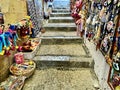 Clothing and souvenir shops in Lindos in Rhodes, Greece.