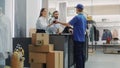 Clothing Store Checkout Cashier Counter: Retail Sales Managers Pack and Give Package Delivery