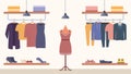 Clothing store. Clothes shop interior, boutique. Various clothes on hangers, shoes on shelves, mannequin. Vect