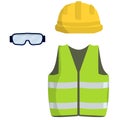 Clothing of worker and the Builder. Green uniform, glasses and yellow helmet