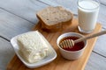 Clotted cream butter cream for Turkish breakfast / Kaymak, honey and glass of milk Royalty Free Stock Photo