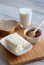 Clotted cream butter cream for Turkish breakfast / Kaymak, honey and glass of milk Royalty Free Stock Photo