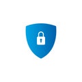 Blue filled secure digital shield vector logo with padlock.