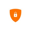Filled orange secure digital shield vector logo with white padlock.