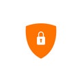 Filled orange secure digital shield vector logo with white padlock. Royalty Free Stock Photo
