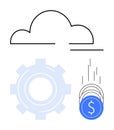 Cloud computing with gear and falling coins symbolizing financial operations and technology integration