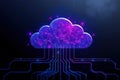 Cloud AI network. Connected system. Artificial intelligence, data technology, global. Digital network, cloud computing