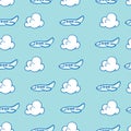 Cloud and airplanes seamless pattern. Travel vector background