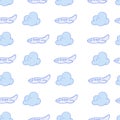 Cloud and airplanes seamless pattern. Travel vector background