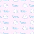 Cloud and airplanes seamless pattern. Travel vector background.