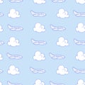 Cloud and airplanes seamless pattern. Travel vector background.