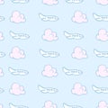 Cloud and airplanes seamless pattern. Travel vector background.