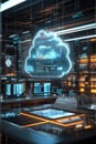 Cloud analytic tools, An immersive 3D hologram illustrating a detailed cloud network analytics report, floating in mid-air
