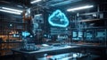 Cloud analytic tools, An immersive 3D hologram illustrating a detailed cloud network analytics report, floating in mid-air