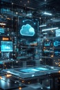 Cloud analytic tools, An immersive 3D hologram illustrating a detailed cloud network analytics report, floating in mid-air