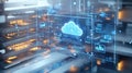 Cloud analytic tools, A vibrant holographic display projecting a cloud network analytic report in an advanced tech lab. The