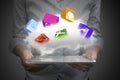 Cloud with app blocks above smart tablet woman hands holding Royalty Free Stock Photo