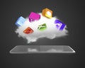 Cloud with app blocks floating above smart tablet