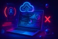 Cloud application dashboard with charts and security hints around laptop interface Royalty Free Stock Photo