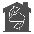 Cloud with arrows in building solid icon, smart home concept, home cloud storage vector sign on white background, data