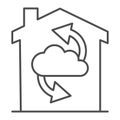 Cloud with arrows in building thin line icon, smart home concept, home cloud storage vector sign on white background