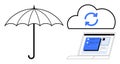 Cloud Backup with Protection Concept Featuring Umbrella, Cloud Sync, and Laptop Screen Royalty Free Stock Photo