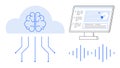Cloud-Based AI Brain Linking Data, Digital Dashboard, and Audio Wave Visualization Royalty Free Stock Photo