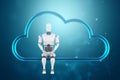 Cloud-based data transfer, storage, and downloading technologies. The robot sits on the digital cloud of the cloud. 3D