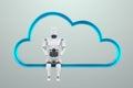 Cloud-based data transfer, storage, and downloading technologies. The robot sits on the digital cloud of the cloud. 3D