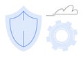 Cloud-based Security and System Optimization Illustrated with Shield, Gear, and Cloud Graphic Royalty Free Stock Photo