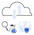 Cloud Technology with AI Robot, Security Shield, and Data Transfer Arrows Royalty Free Stock Photo
