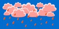 Rain and pink style clouds on a blue background. Stormy weather concept with falling water drops from cloudy sky. Royalty Free Stock Photo