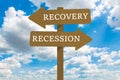 Recession and recovery on wooden road sign. Royalty Free Stock Photo