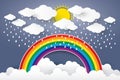 Cloud in Blue sky with Rain and Rainbow Paper art Style. vector I