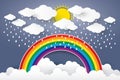 Cloud in Blue sky with Rain and Rainbow Paper art Style. vector I Royalty Free Stock Photo