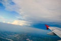 Cloud blue sky view aircraft wing airplane window