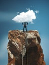 Ladder leading to the top of a mountain rock and a businessman