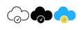Cloud check mark line icon. Aproved access tick symbol. Cloud computing connected or yes sign. Download or upload Royalty Free Stock Photo