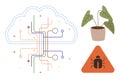 Cloud Computing Circuitry with Bug Warning and Potted Plant for Technology and Environment Themes Royalty Free Stock Photo