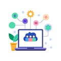 Cloud collaboration shown on laptop, surrounded by configuration icons and connected to a plant Royalty Free Stock Photo