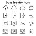 Cloud computer, data transmission, data mining, data warehouse, download, upload icon set in thin line style