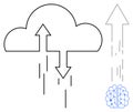 Cloud Computing and AI Data Flow Concept with Brain Graphic and Arrows Indicating Upload and Download Process Royalty Free Stock Photo