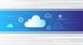Cloud computing background with blue gradient, binary code, and gear icons. Modern digital design for data storage, networking, Royalty Free Stock Photo