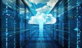 Cloud computing background with server racks and digital data streams Royalty Free Stock Photo