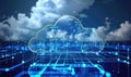 Cloud computing background with server racks and digital data streams Royalty Free Stock Photo